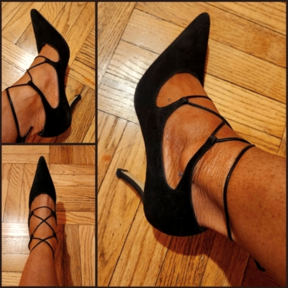 Black Lace Up Suede Heels